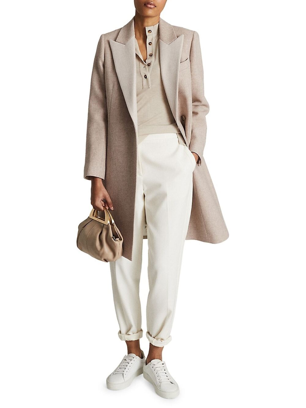 Reiss Mandie Contrast Collar Wool Blend Trench Coat Double Breasted Neutral 12